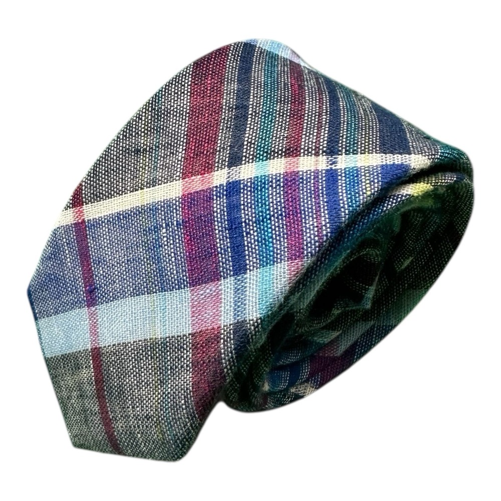 Ted Baker Mens Pure Linen Madras Plaid Skinny Tie 2 Inch Width Multicolor Italy
